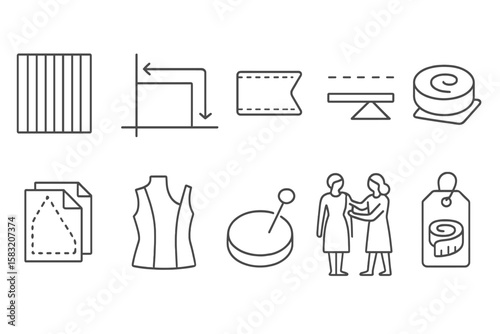 Sewing, tailoring outline icon set. patterns, measurements, fashion icons collection