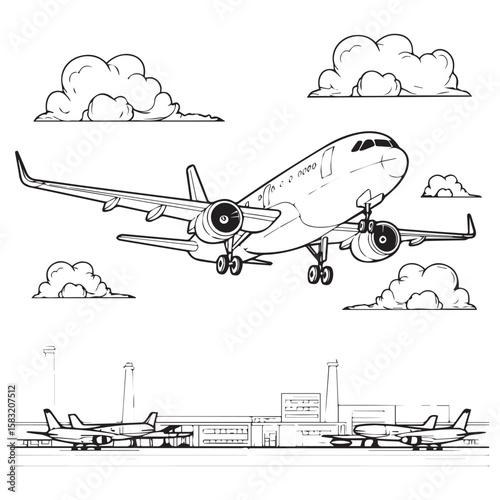 Stylized black and white illustration of a jet airplane flying above an airport tarmac with several other planes and clouds