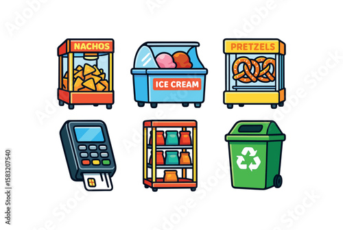 Snack machine icons with nachos, ice cream, pretzels, payment terminal, vending machine, recycling bin