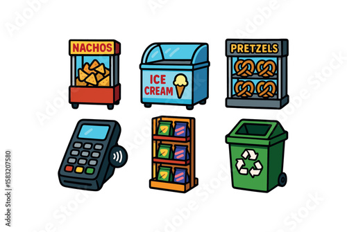 Snack machine icons including nachos, ice cream, and pretzels with recycling and payment symbols