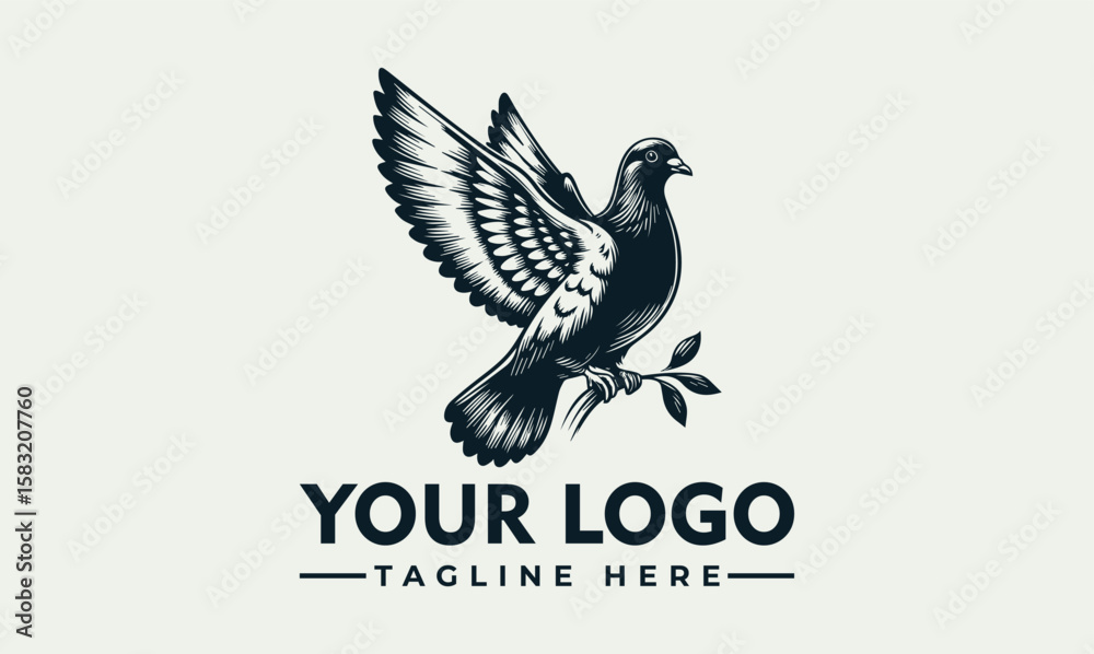 Obraz premium Elegant monochrome pigeon logo design, wings spread, perched on an olive branch.
