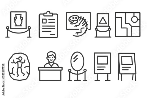 Museum, exhibit linear icon set. artifacts, gallery display icons in line art style