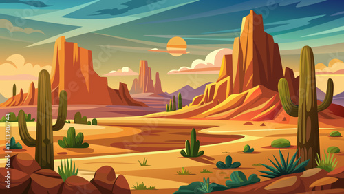 Vector art of vibrant desert landscape with mesas and cacti at sunset