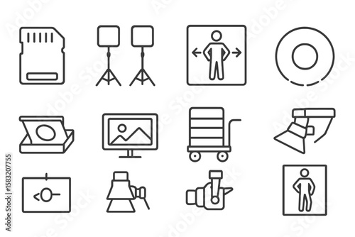 Camera equipment outline icon set. photography, video, gear symbols collection