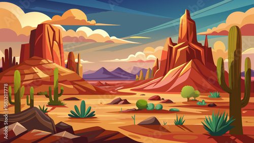 Vector art of desert panorama featuring mesas and cacti under a colorful sky
