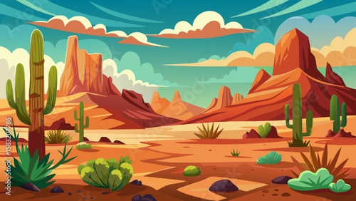 Vector art of stylized desert scene with towering rock formations and cacti