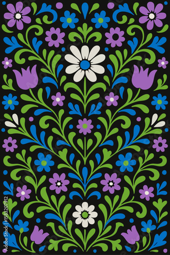 Green folk floral pattern with purple tulips and daisies.
