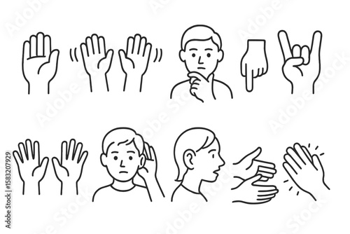Sign language line icon set. communication, gesture icons in outline style