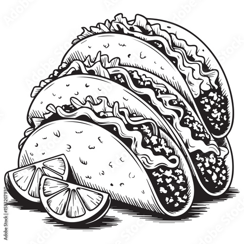A stylized black and white illustration of three delicious tacos with shredded lettuce and ground meat served with lime wedges