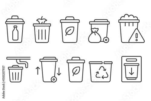 Waste management line icon set. trash, recycling, disposal, clean, eco-friendly icons