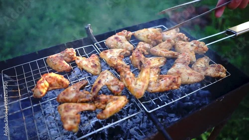 Grilled chicken wings on barbecue grill – crispy golden fried meat with grill marks, outdoor cooking, summer BBQ party, tasty roasted food, hot and juicy texture, delicious picnic meal