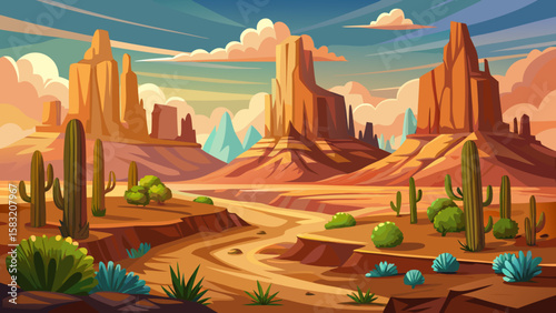 Vector art of expansive desert vista with mesas, cacti, and dramatic clouds
