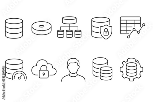 Database management line icon set. cloud, security, data analysis icons outline collection