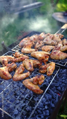 Grilled chicken wings on barbecue grill – crispy golden fried meat with grill marks, outdoor cooking, summer BBQ party, tasty roasted food, hot and juicy texture, delicious picnic meal