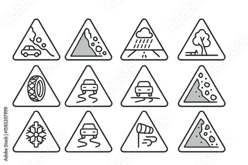 Warning signs linear icon set. caution, safety, weather, road, traffic symbols