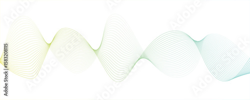 Minimalist abstract wave design consisting of smooth, flowing white and green lines on a white background.Parallel elliptical lines forming with wave rhythm, harmonious and flowing...
