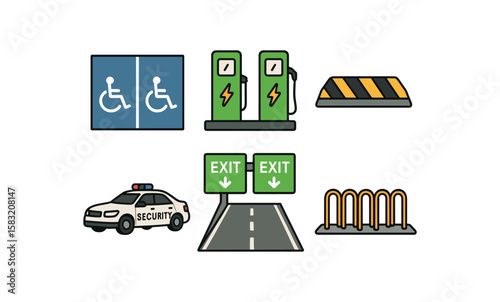Electric vehicle icons: charging stations, exit signs, security car, accessibility, road barrier, bike rack