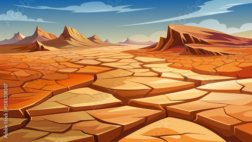 Vector art of a path of cracked desert earth winds towards jagged mountains