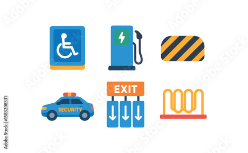 Accessibility, security, and safety icons: wheelchair, gas pump, barricade, security car, exit signs, bike rack