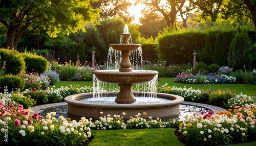Lush garden fountain with vibrant flowers
