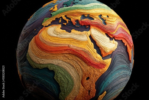 Colorful topographic representation of Earth showcasing continents and oceans in a detailed, textured design