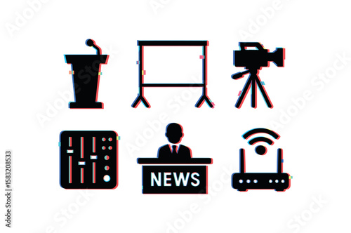 Media icons set: podium, projector screen, camera, mixer, news anchor, wi-fi router