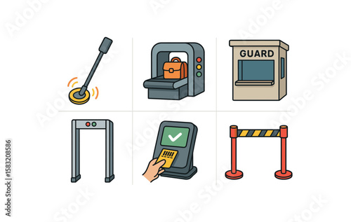 Security checkpoint equipment icons: metal detector, x-ray machine, guard booth