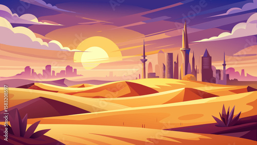 Vector art of futuristic desert city skyline at sunset