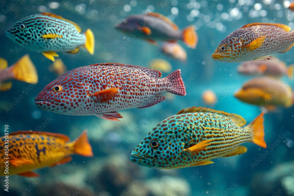 Fototapeta premium Colorful tropical fish swimming in a vibrant marine environment during a bright daytime