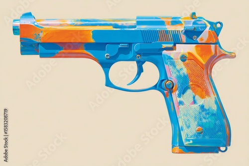 Colorful artistic representation of a firearm highlighting unique design and modern aesthetics