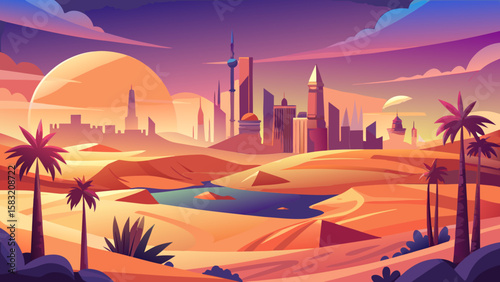 Vector art of desert oasis city skyline with palm trees at sunset