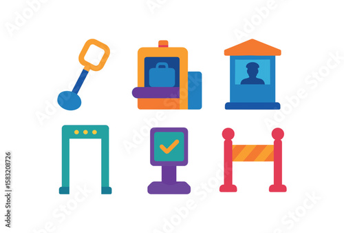 Airport security icons: metal detector, baggage scanner, security checkpoint, barrier gate