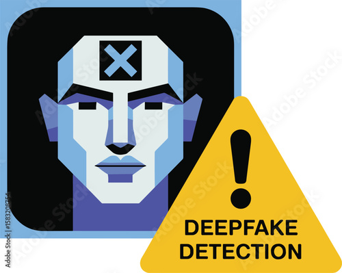 Deepfake detection concept with an abstract human face displaying a cross mark, alongside a warning sign, symbolizing AI security, digital authenticity, and cybersecurity against synthetic media.