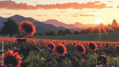 Golden sunflowers in full bloom in a vast field with mountains in the background, illuminated by the warm glow of a setting sun. Concept for peaceful countryside and nature beauty