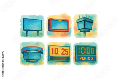 Watercolor illustrations of digital and analog time displays in vibrant colors