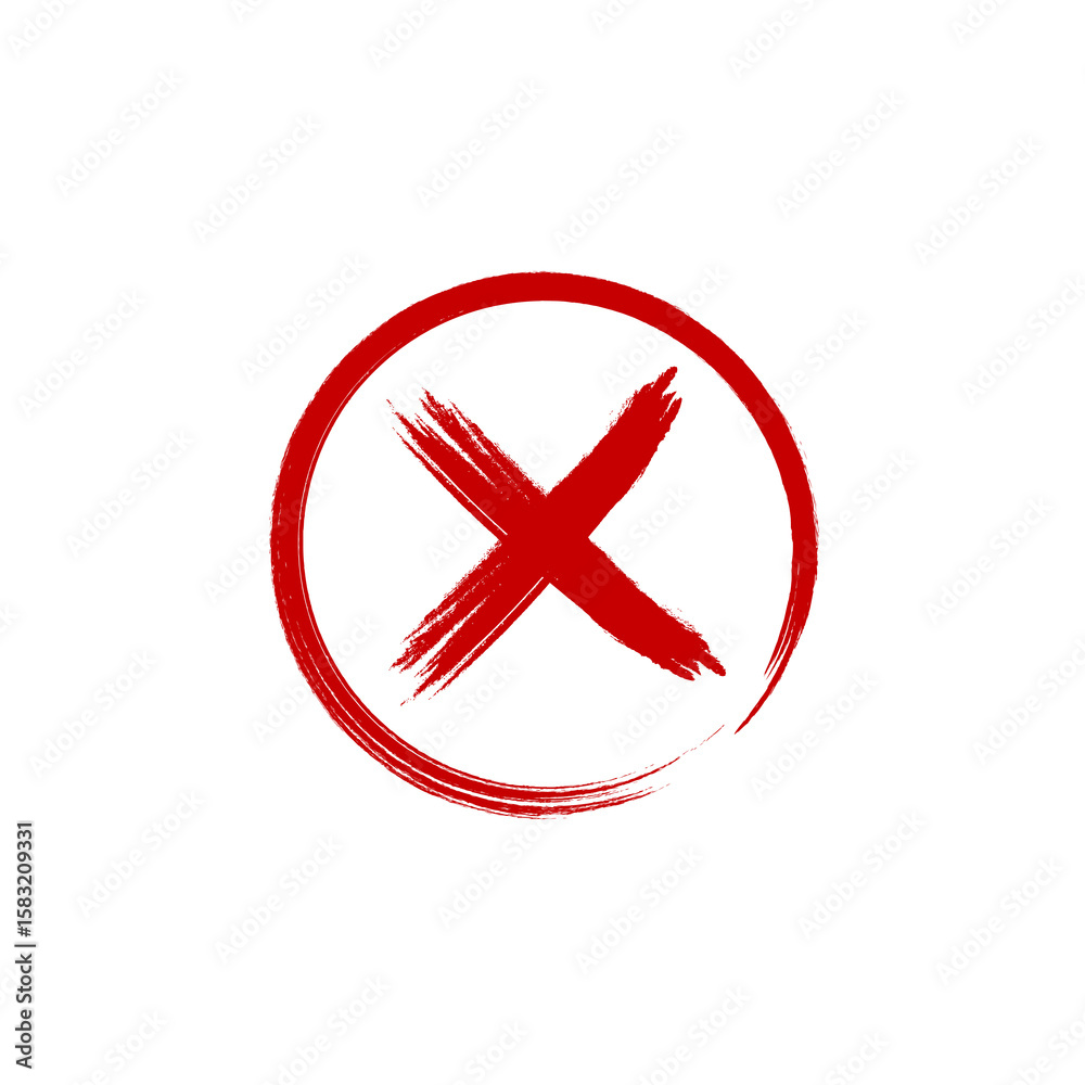 Obraz premium Hand-drawn red brush stroke cross mark within a circle, symbolizing error, cancellation, or rejection, ideal for UI/UX, warnings, and invalid feedback in digital design.