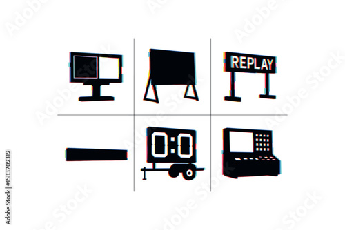 Digital signage icons set including monitor, chalkboard, replay, scoreboard, vending machine