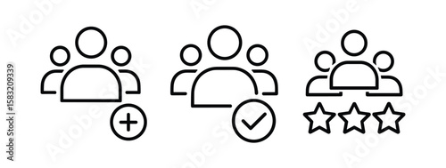 Set of three user group icons, depicting adding new members, confirming a group, and group rating or popularity, ideal for social media, networking, and community platforms.