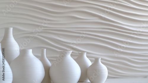 White ceramic vases with soft curves are arranged in front of white clay backdrop featuring sculptural wave patterns, creating serene and elegant decorative display