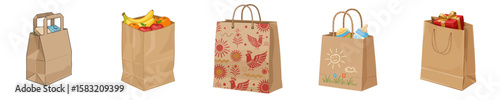 A set of illustrations.Eco-friendly kraft paper bags for groceries and gifts, perfect for retailers and special events