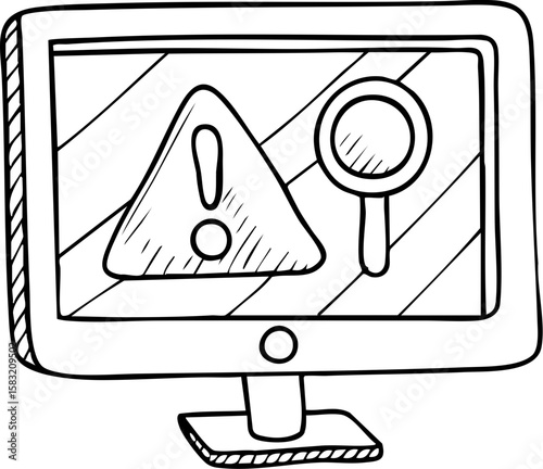 Early cancer diagnosis warning symbol and magnifying glass on computer screen sketch style