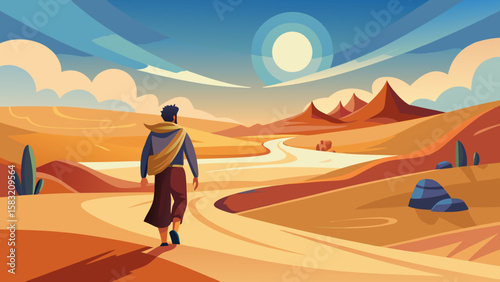 Vector art of a lone traveler walks through a vast desert landscape