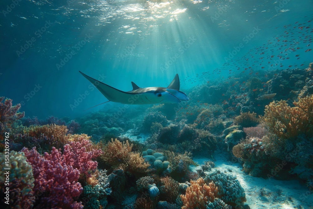 Obraz premium Manta ray gracefully gliding through vibrant coral reef in clear tropical waters during sunlight rays