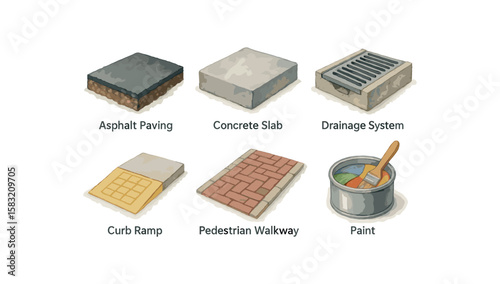 Urban infrastructure elements: asphalt, concrete, drainage, curb, walkway, paint