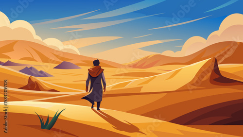 Vector art of man walks through a vast desert landscape at sunset