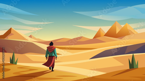 Vector art of man walks towards pyramids in a desert landscape