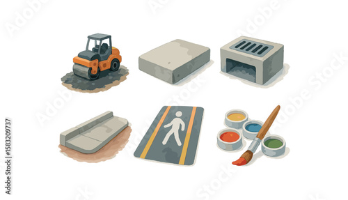 Construction elements and tools illustration with roller, concrete blocks, paint