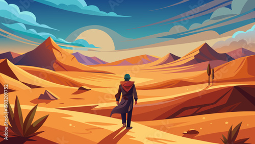 Vector art of man journeys through a desert with mountains and sun