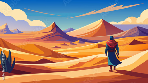 Vector art of man walks through a vast desert landscape with mountains