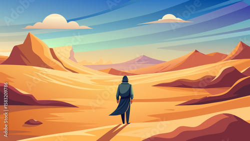 Vector art of man walks through a desert landscape under a cloudy sky